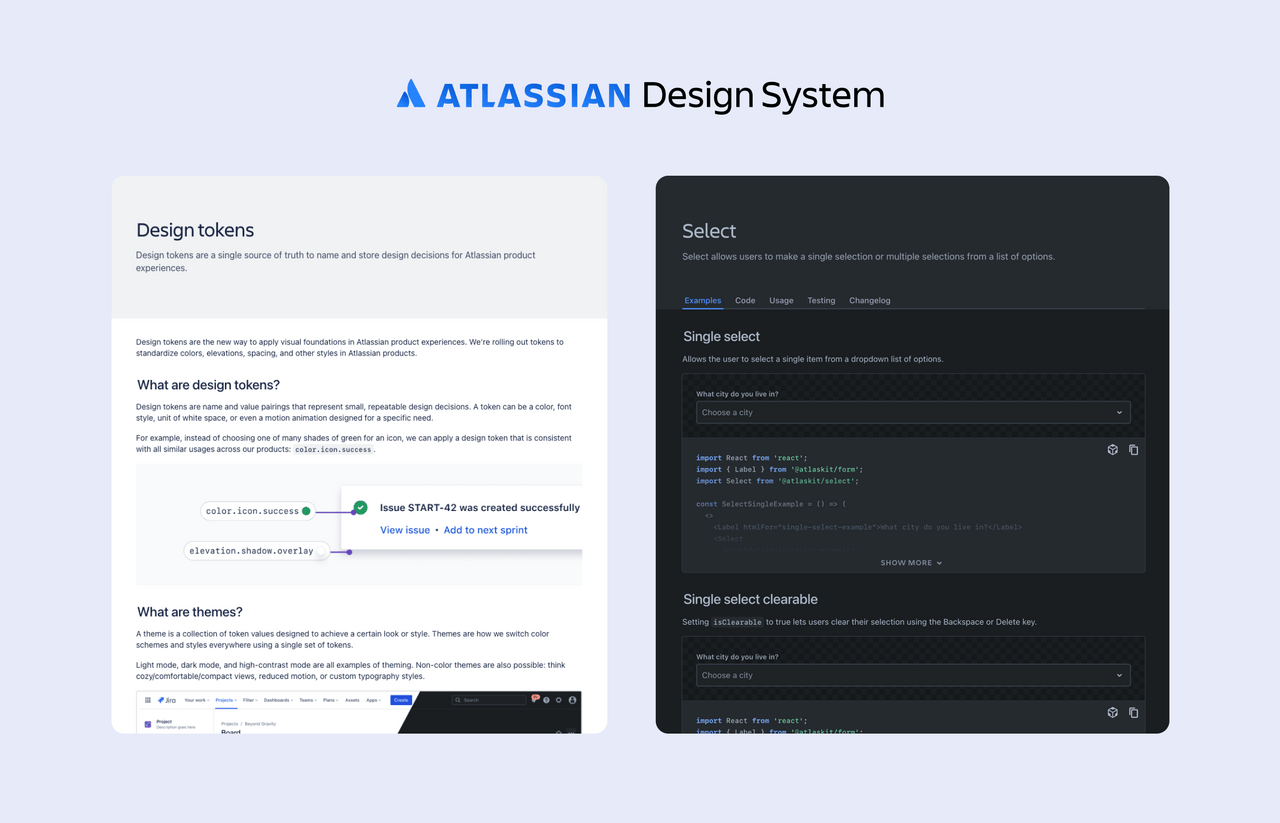 Screens from Atlassian design system juxtaposed side by side, showing designs from colour tokens and select component