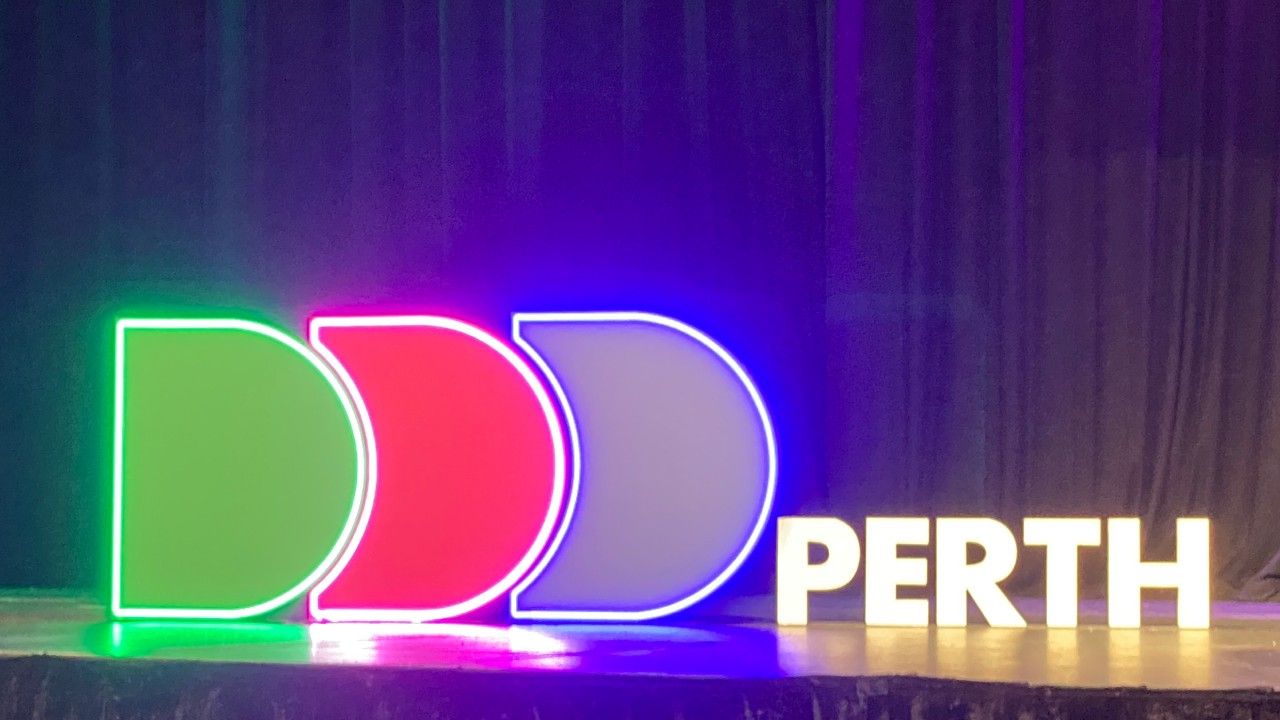 DDD Perth Neon Light Sign on stage at Perth Convention and Exhibition Centre