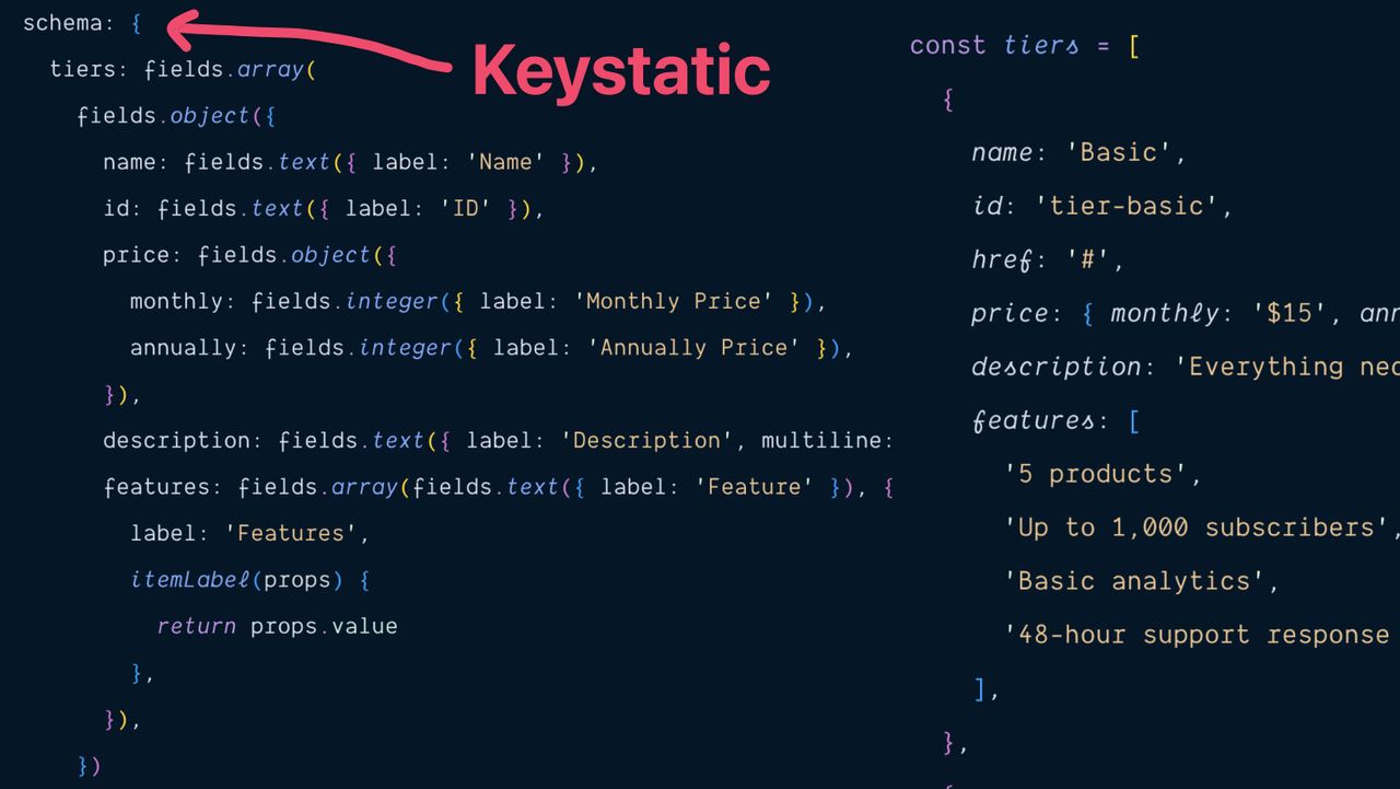 Keystatic schema code snippet