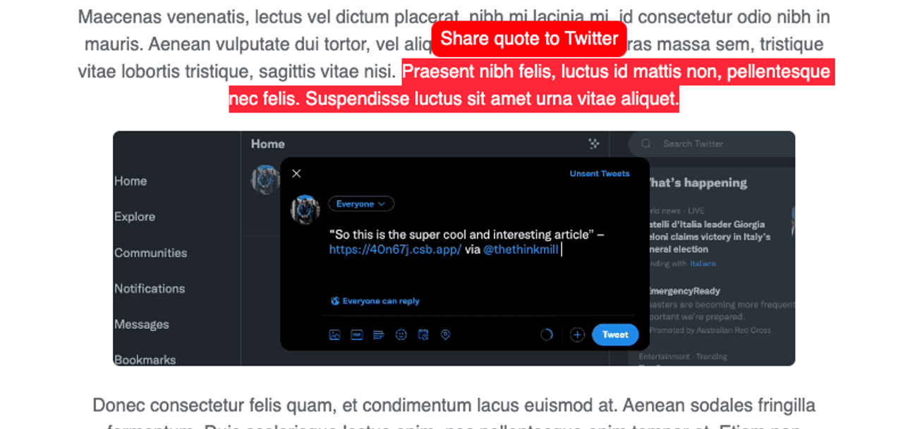Example of text selection to share to Twitter