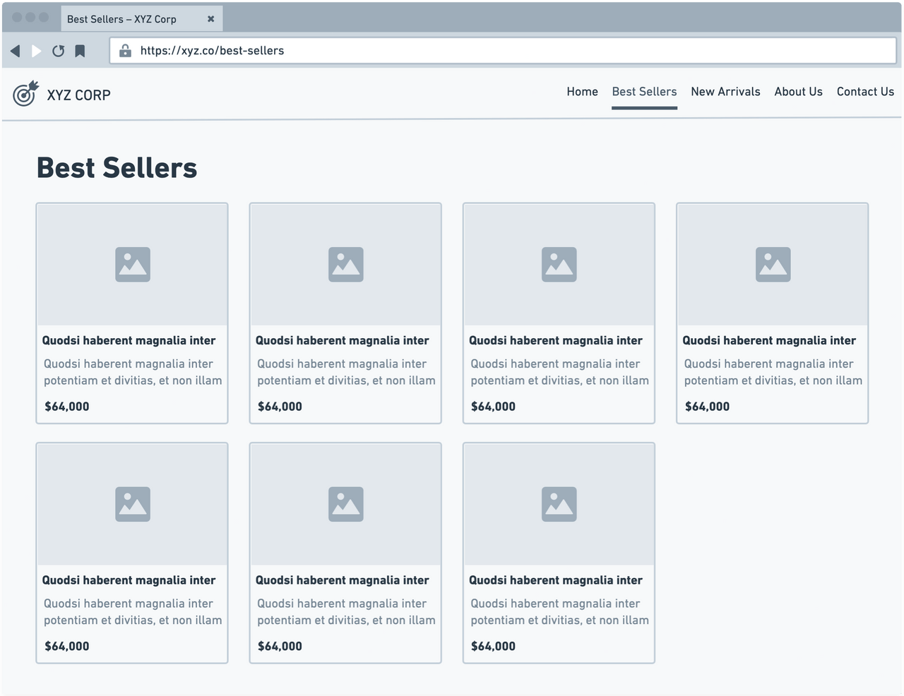 Mockup of a website Best Sellers page for XYZ corporation showing a list of product results.